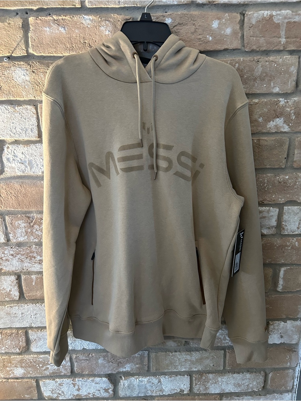MESSI Logo Hooded Sweatshirt in Tan. Mens Large. New with Tags.